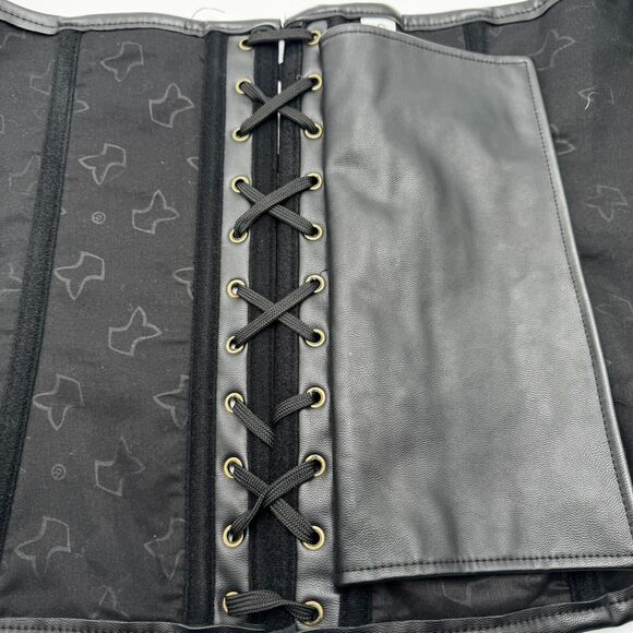 6X Black Steel Boned Steampunk Goth Witch Brocade Floral Leather Overbust Corset - Picture 6 of 14